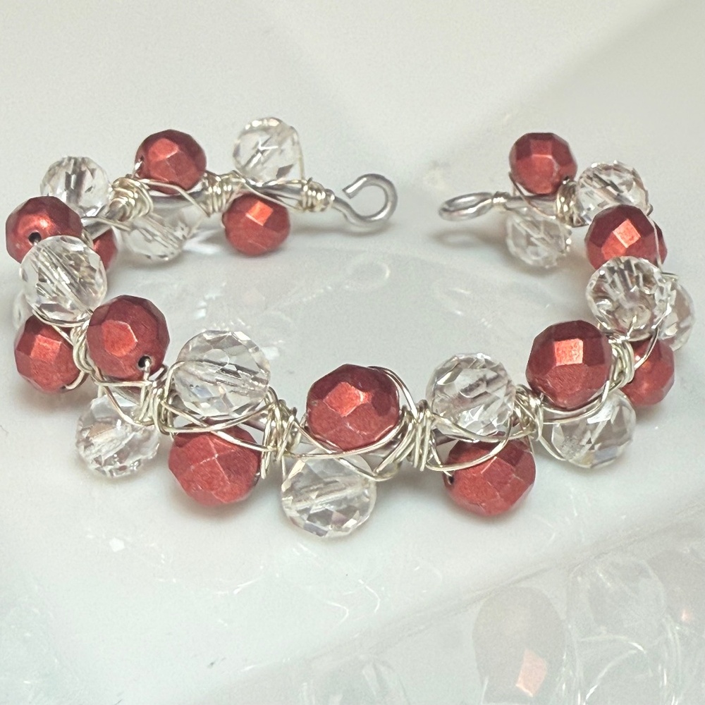 Hand Crafted Rose Gold and Clear Colored Faceted Wire Wrapped Open Cuff Bracelet